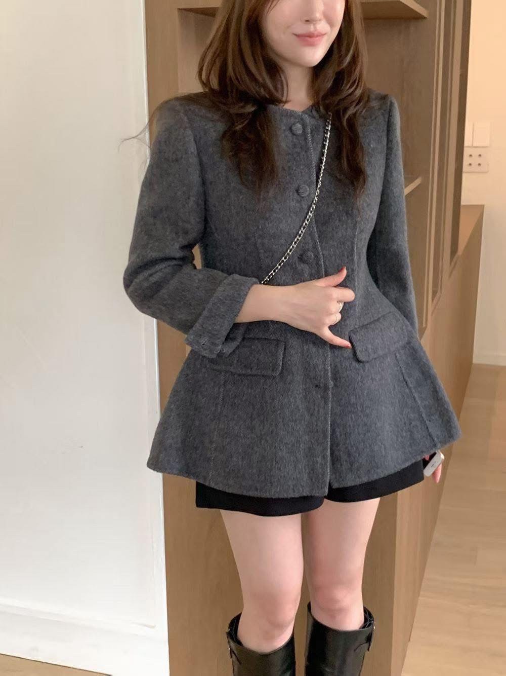 墊肩腰線感中長款羊毛西裝外套