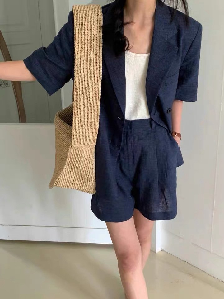 （客訂勿下單）墊肩棉麻短袖西外+隱藏褲頭短褲SET
