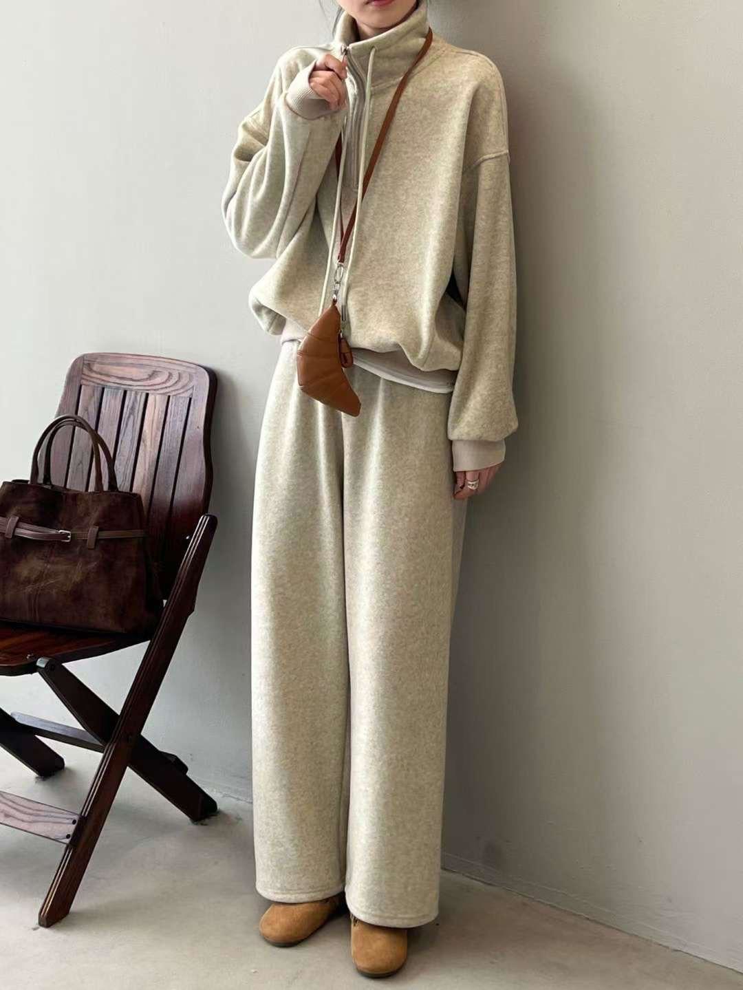 休閒內刷毛立領拉鍊外套+長褲SET