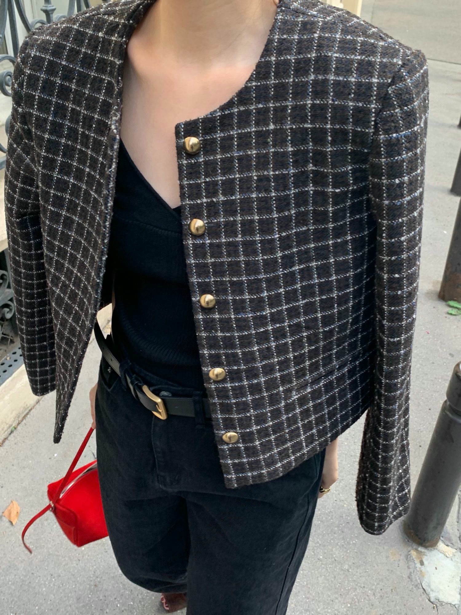 圓領金釦格紋小香外套