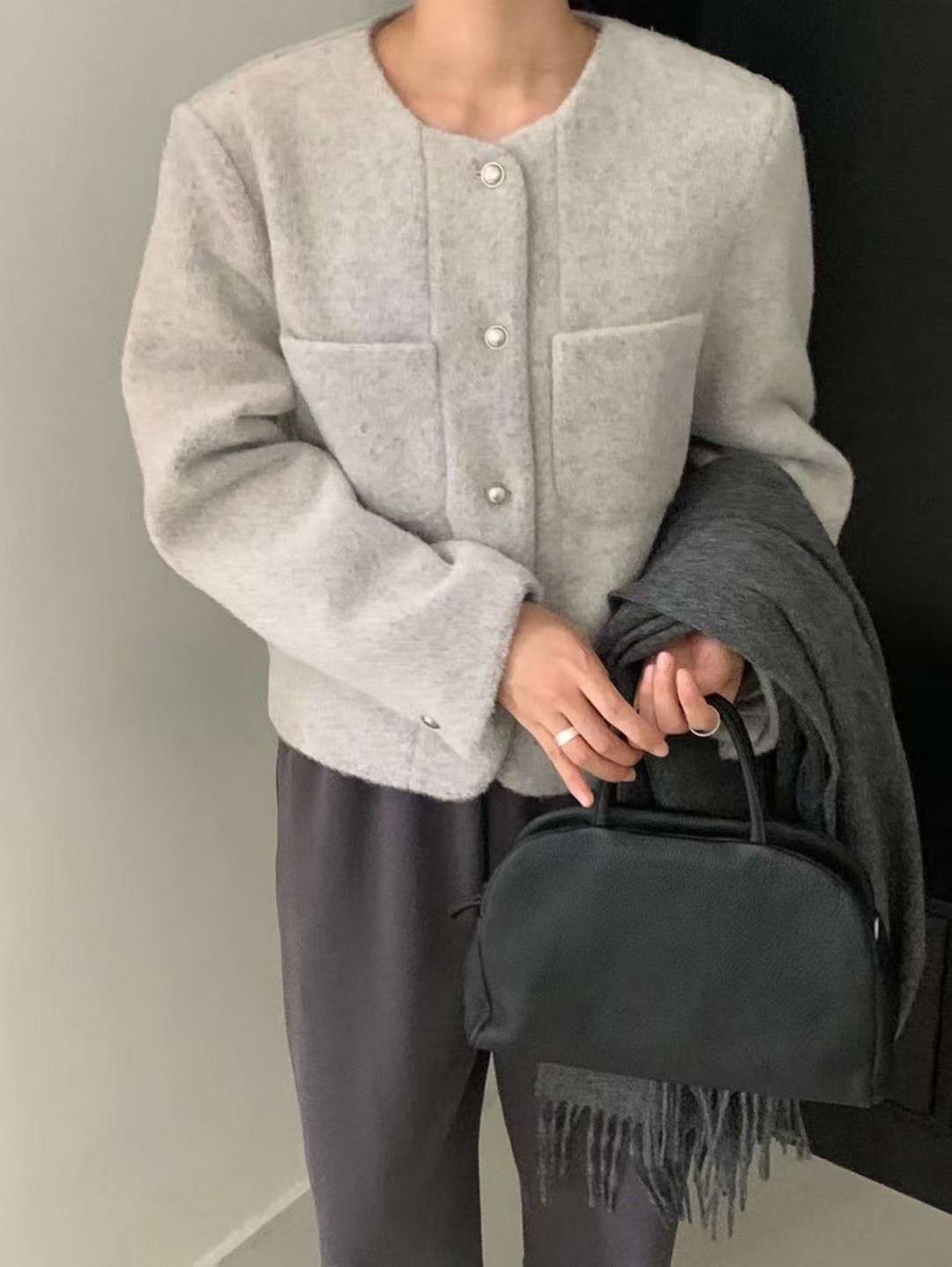 雙口袋圓銀毛呢小香外