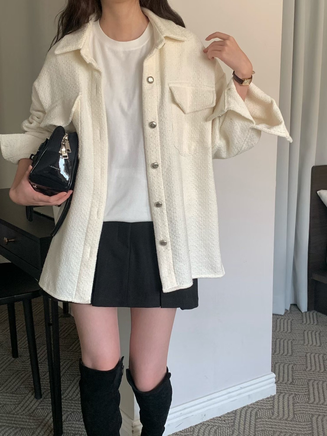 織紋銀釦雙口袋毛呢襯衫