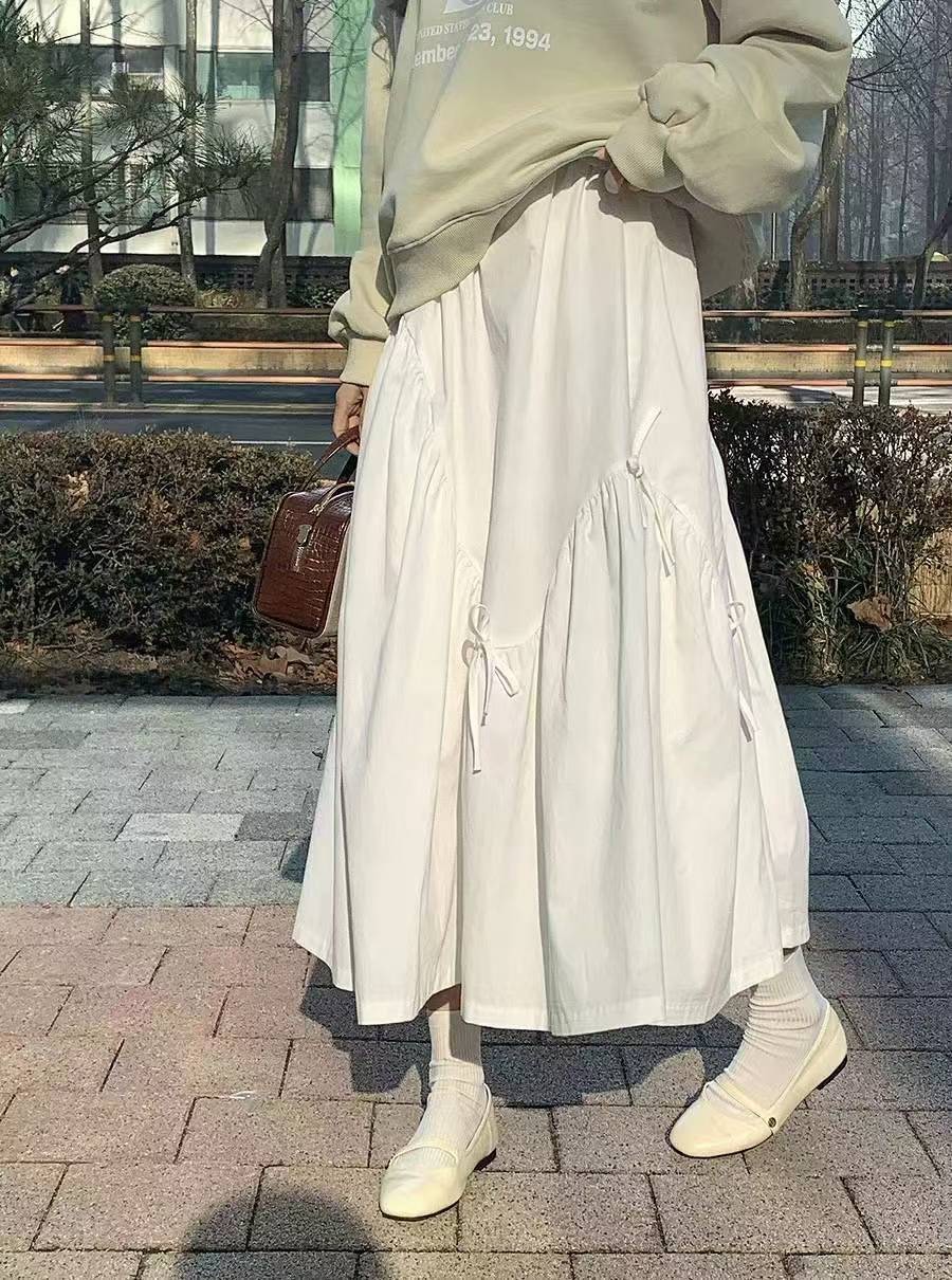 蝴蝶結造型壓線棉麻長裙