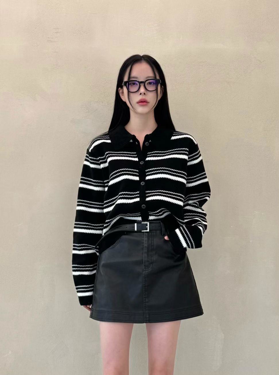 翻領針織條紋排釦上衣