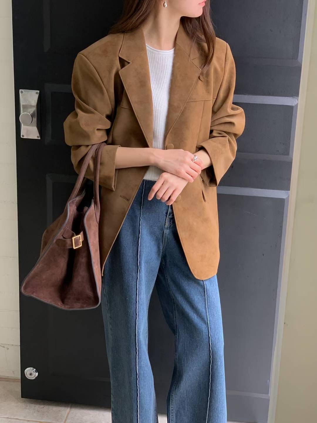 壓線刀領長版麂皮外套