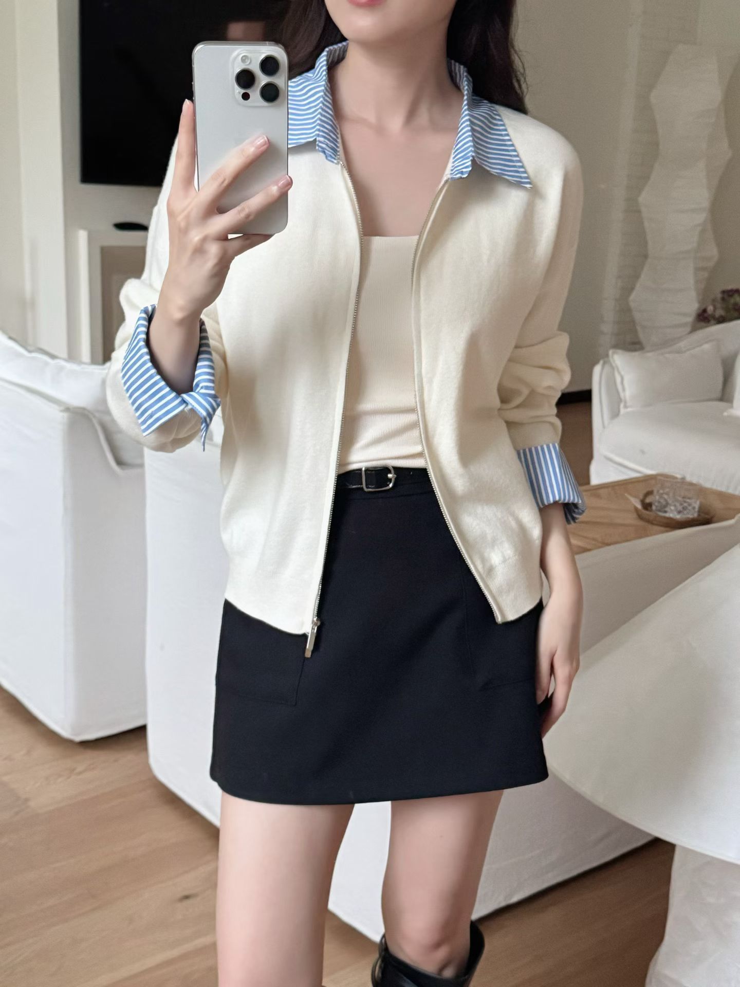 拼接直紋襯領雙拉鍊針織衫