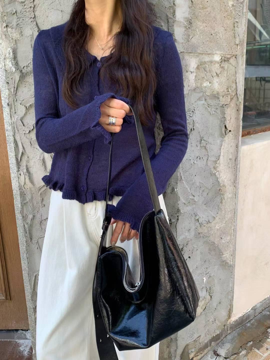 花邊袖針織翻領上衣