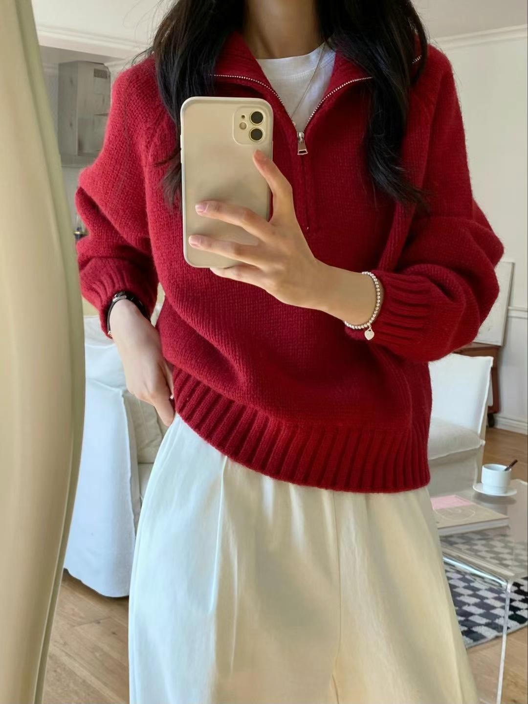 拉鍊領紅色針織衫