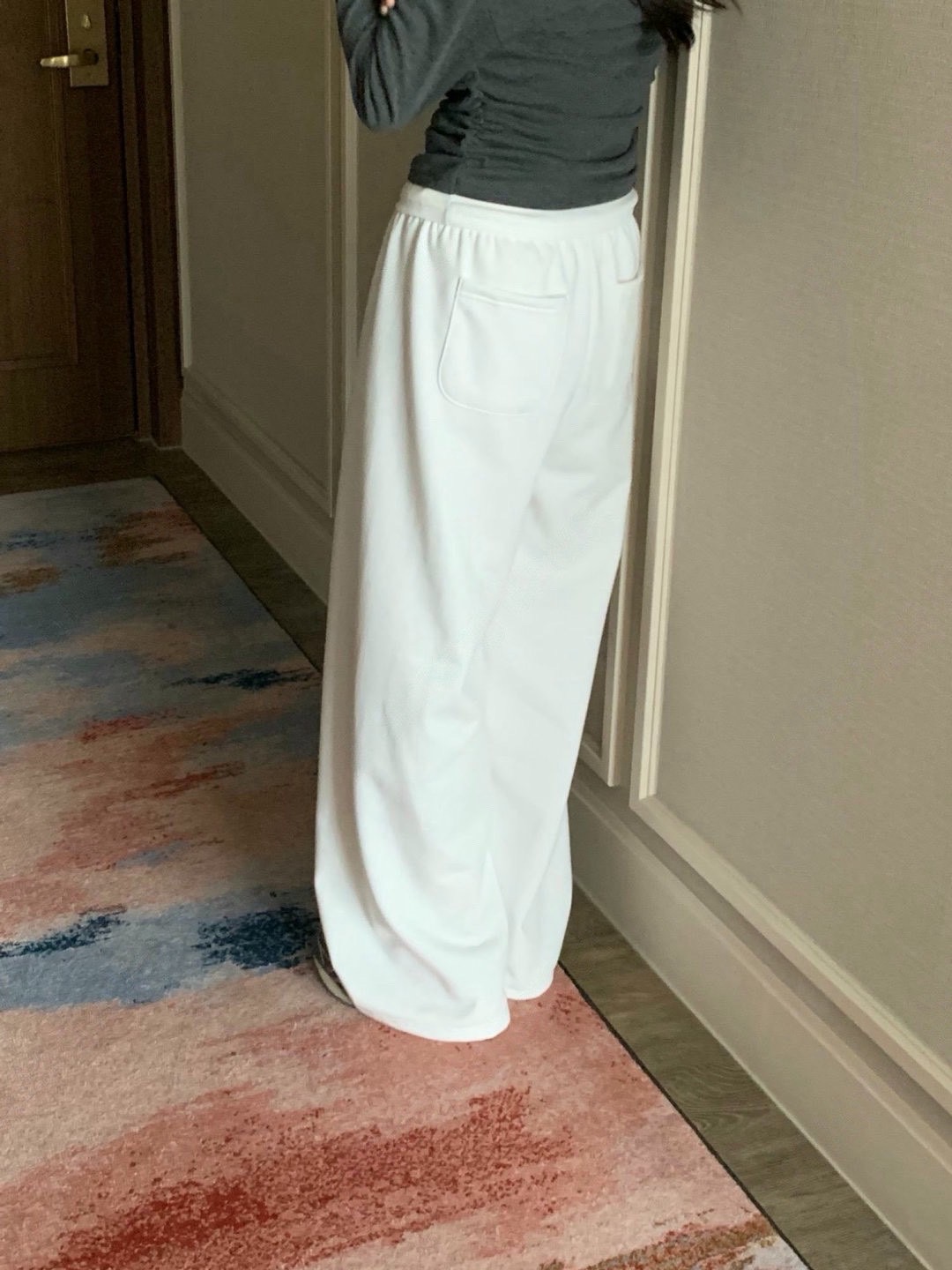 休閒刷薄毛抽繩落地寬褲