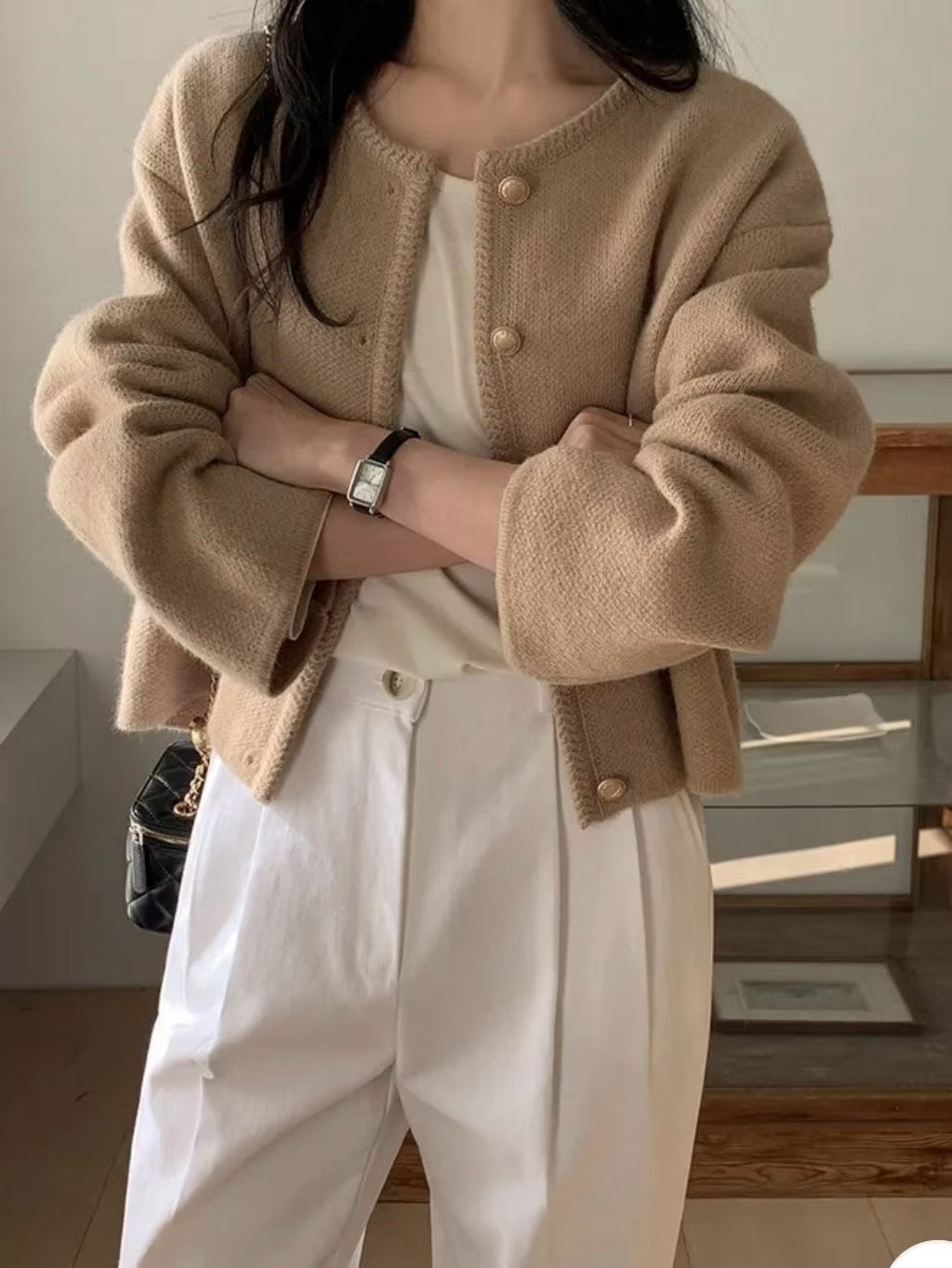 編織滾邊金釦薄款磨毛外套