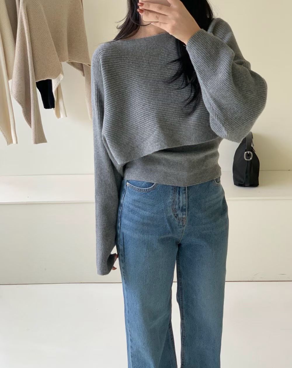 平口背心＋船領坑紋短版針織衫SET