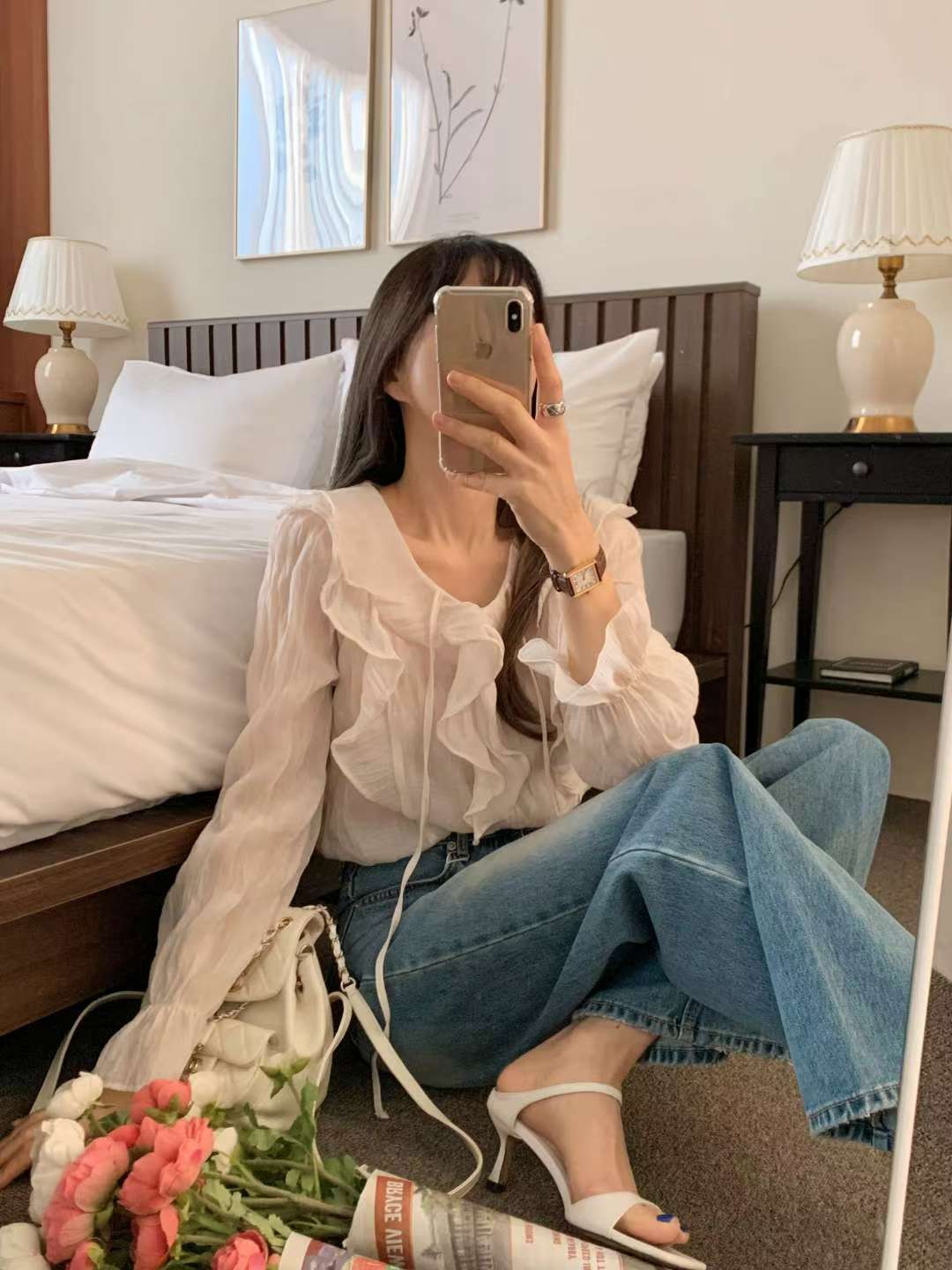 波浪滾邊綁結雪紡衫