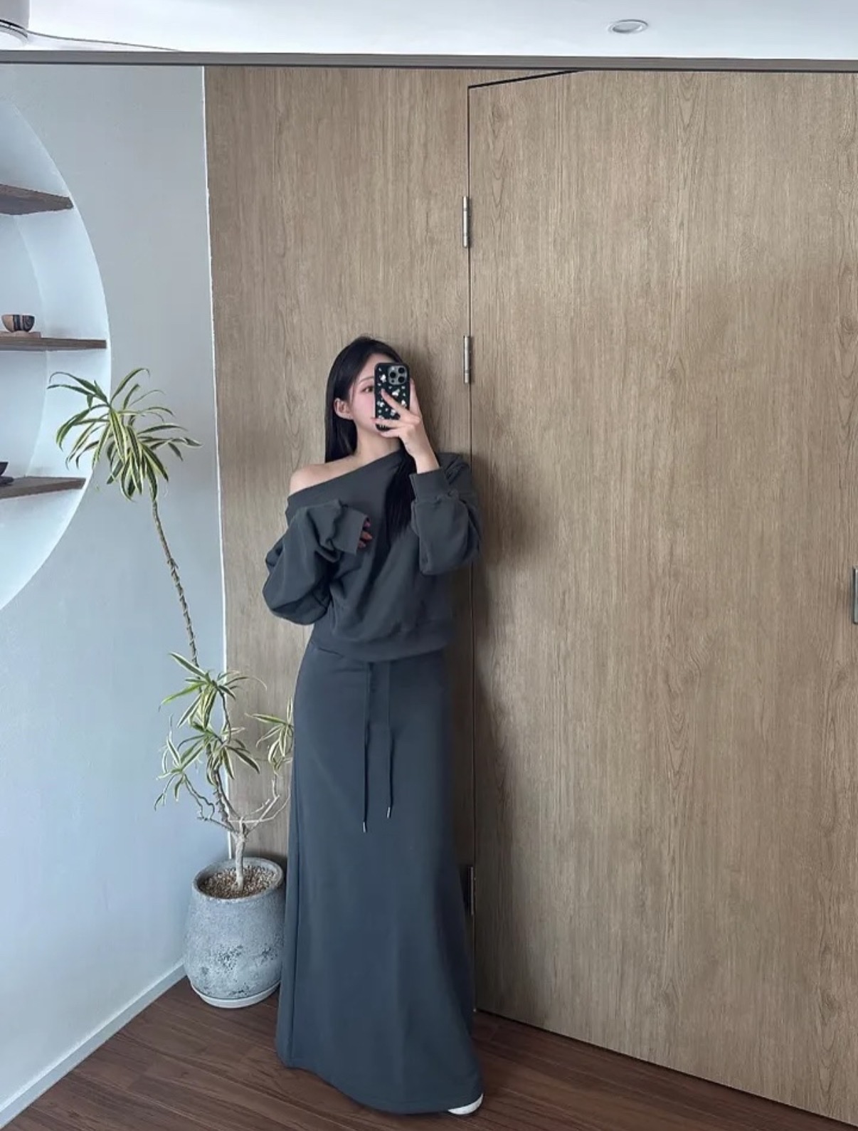 華夫格壓紋斜肩T+抽繩落地長裙SET