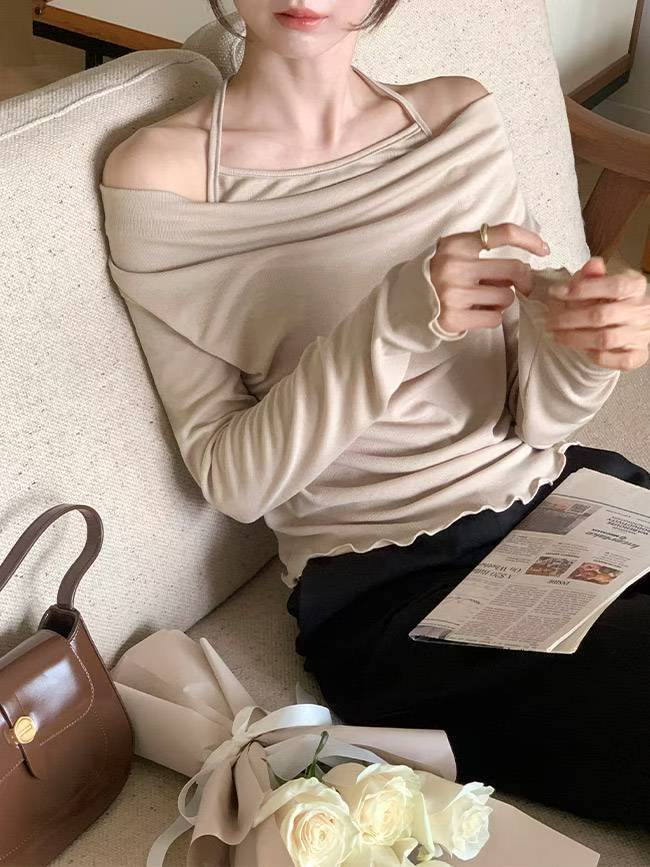 繞頸假兩件卷邊彈力薄Ｔ