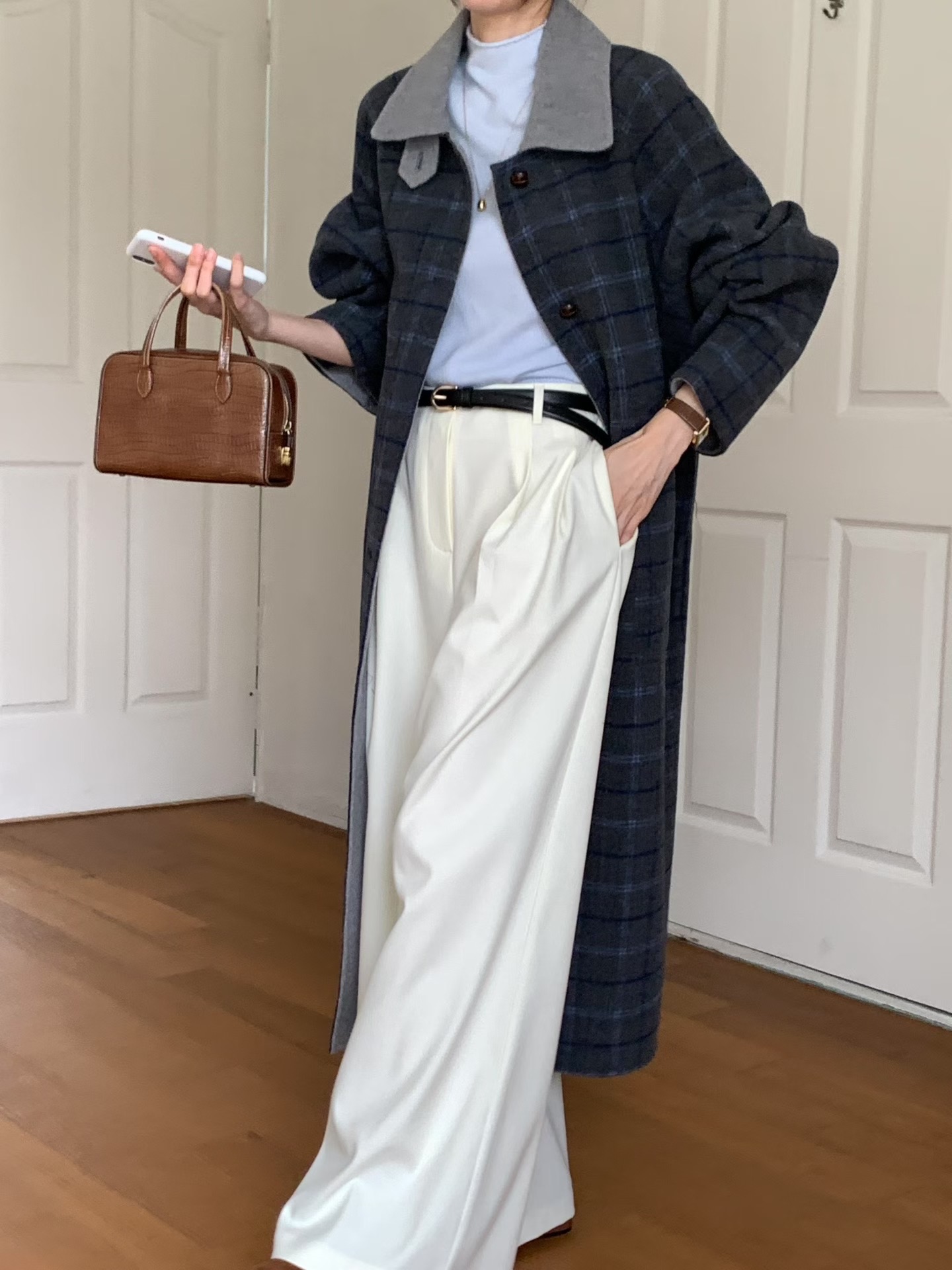 撞色翻領配色格紋長版磨毛大衣