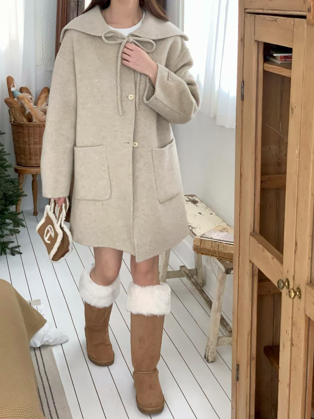 前綁結娃娃圓領羊毛100%大衣