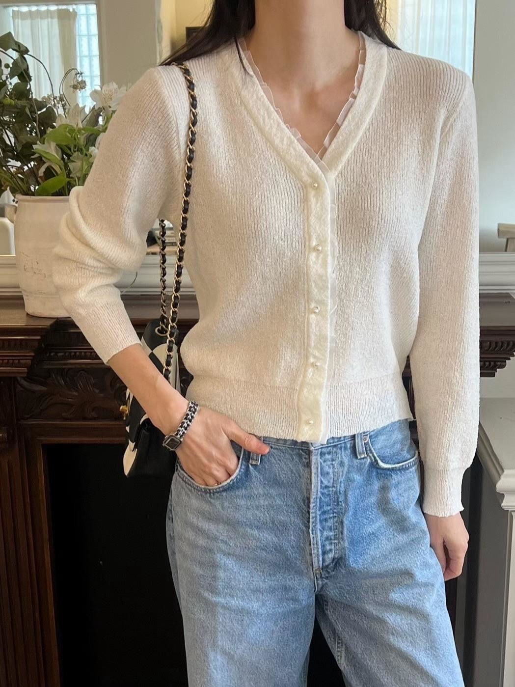 V領滾邊針織上衣
