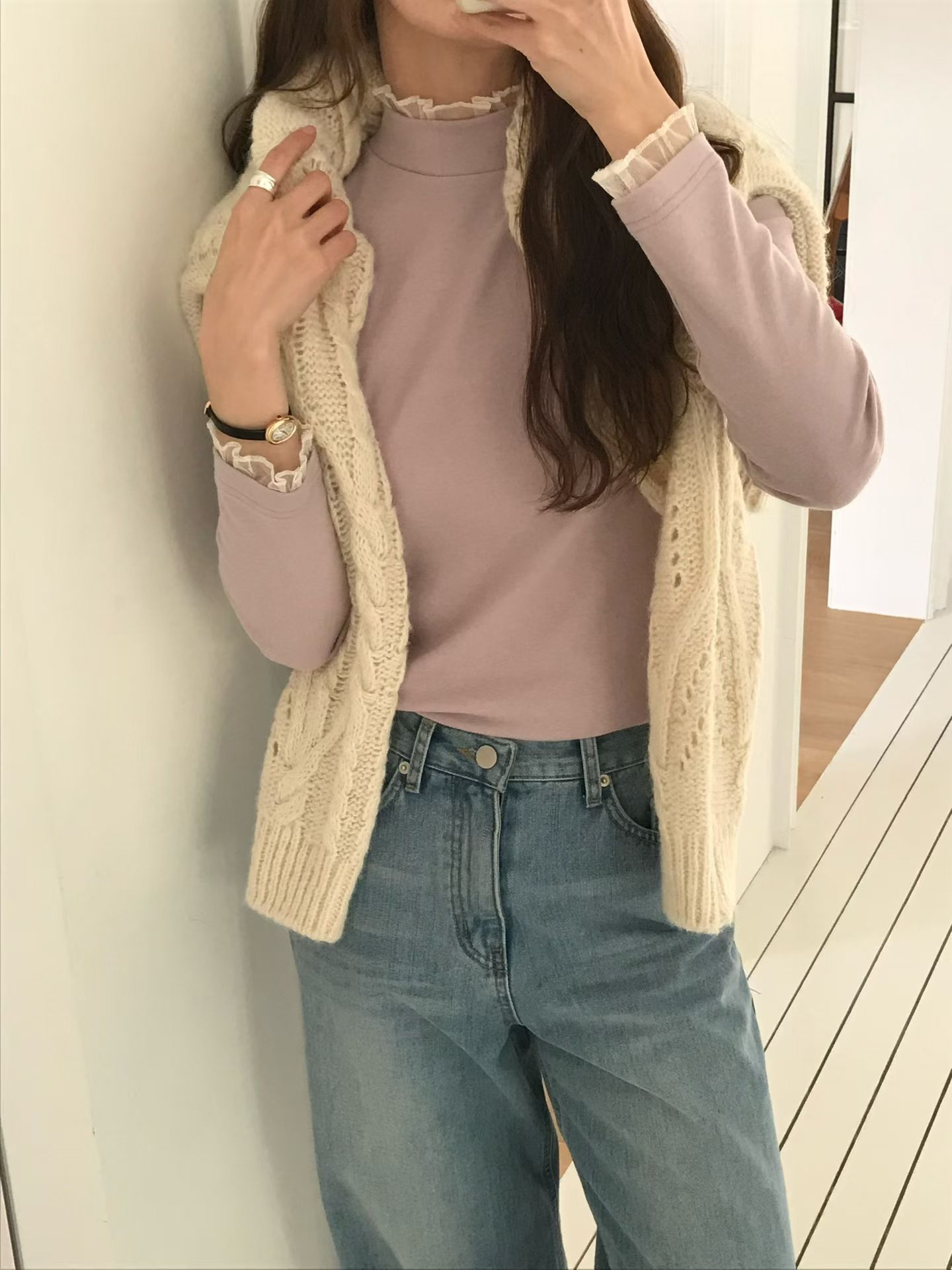 拼接花邊邊網紗高領打底衣