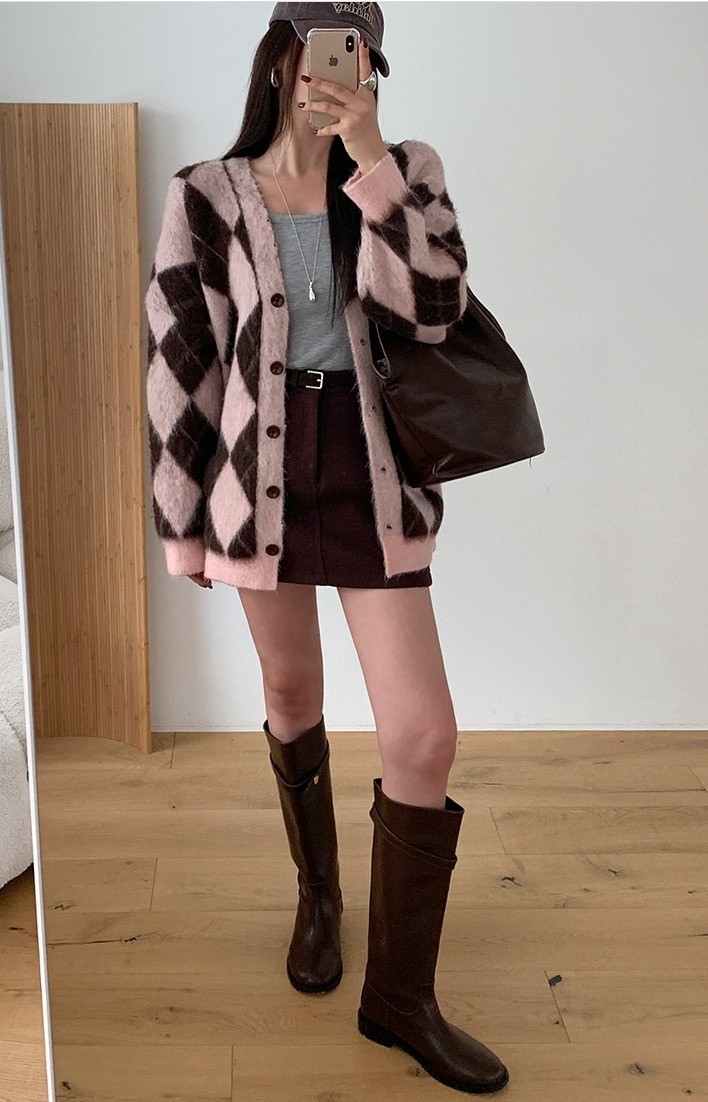 菱格紋毛感中長款排釦外套