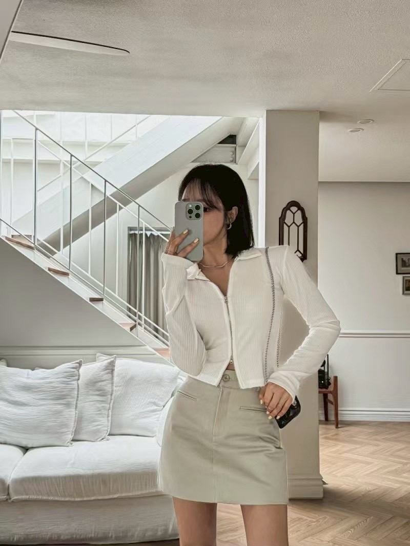 翻領雙拉鏈合身短版針織衫