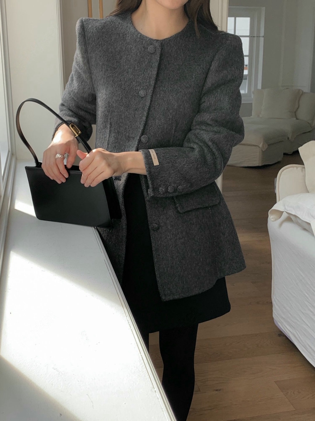 墊肩腰線感中長款羊毛西裝外套