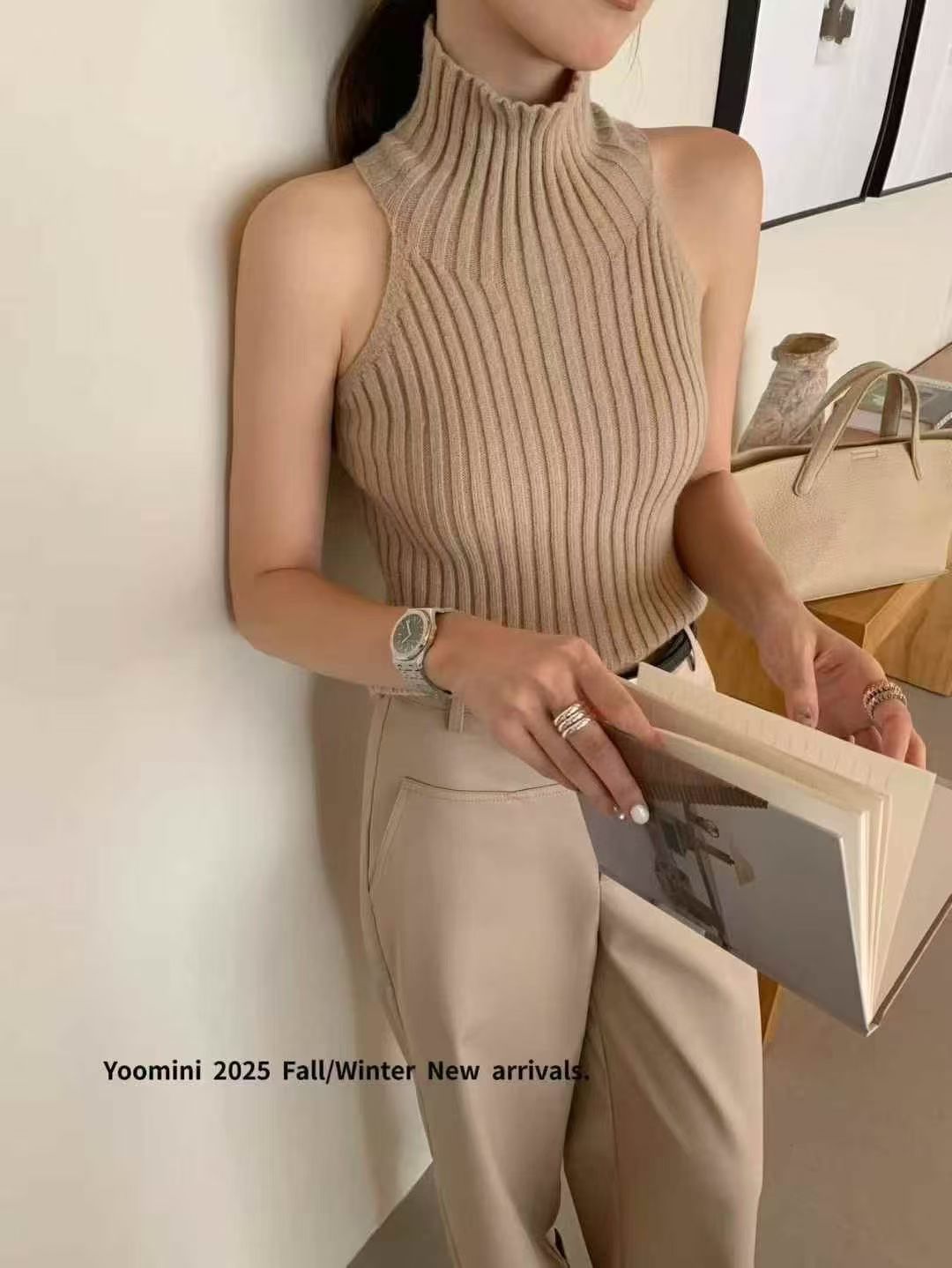 兩穿繞頸粗坑紋削尖針織背心