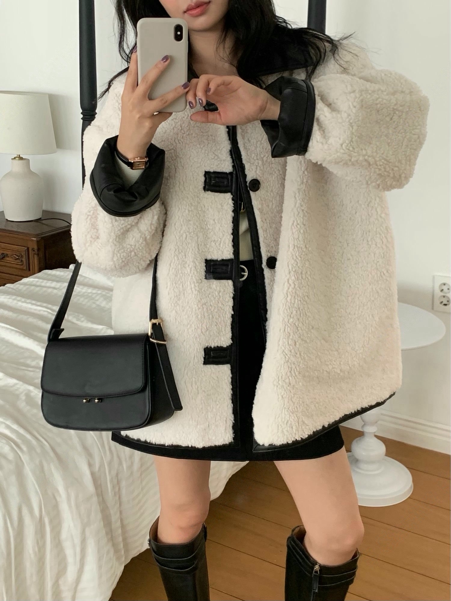 兩面穿！羔毛皮革中長款大衣