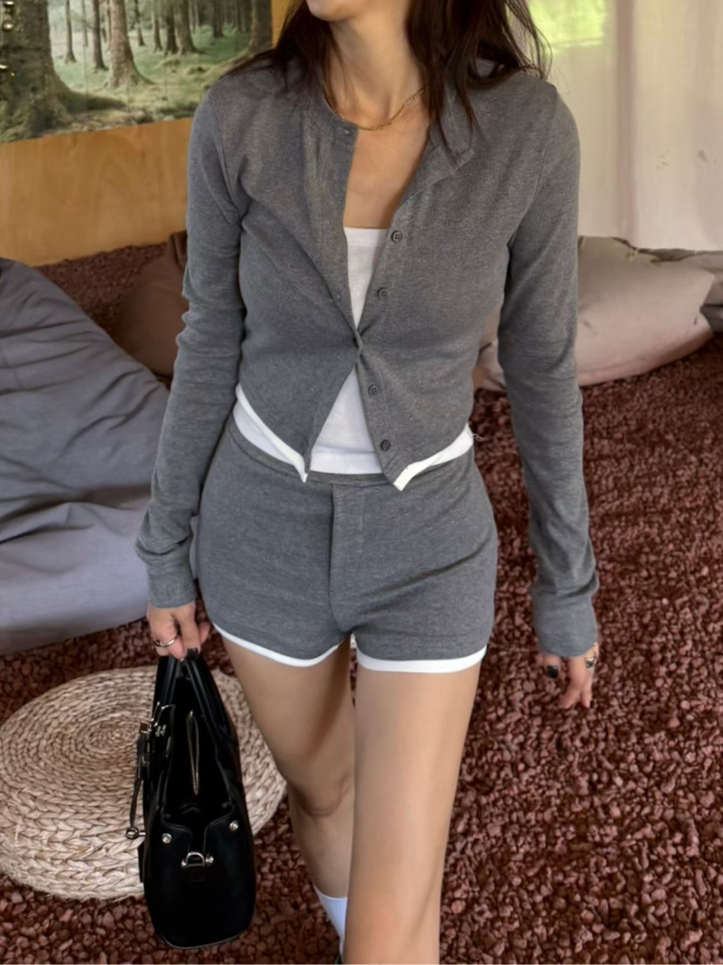 撞色滾邊排釦衫＋合身鬆緊短褲SET（可拆買）