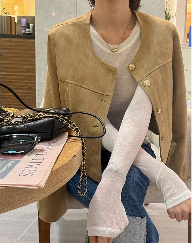 圓領壓線薄款麂皮短版外套