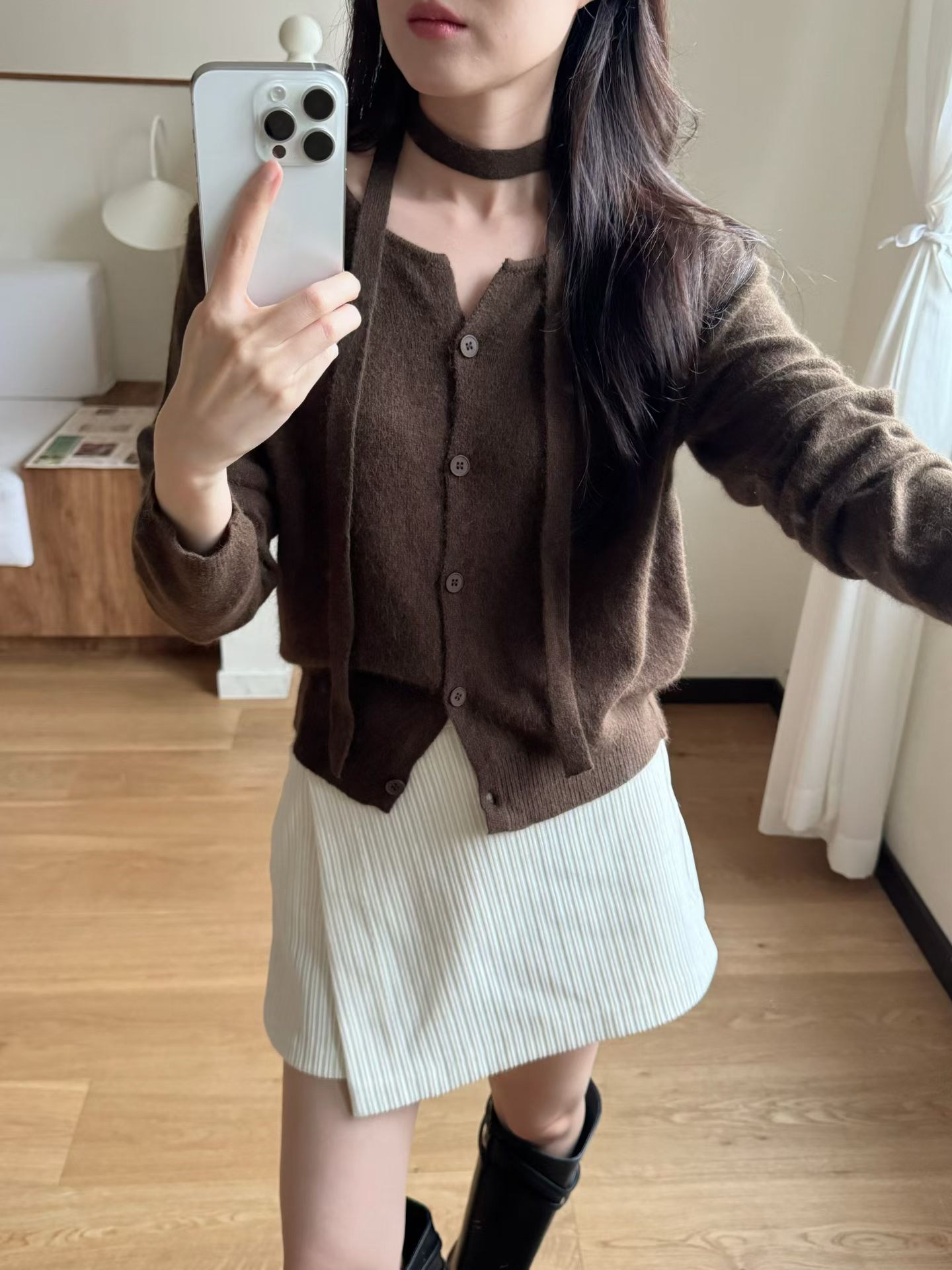 簡約排釦針織外套＋繞頸綁帶SET