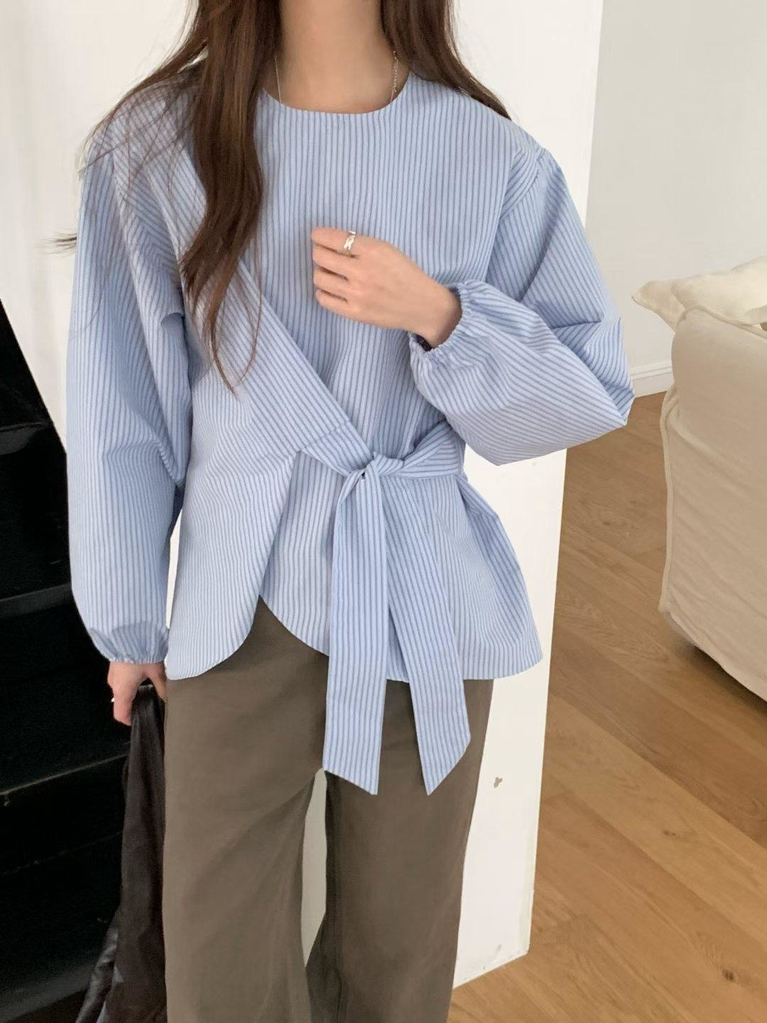 圓領直紋綁結造型寬版襯衫
