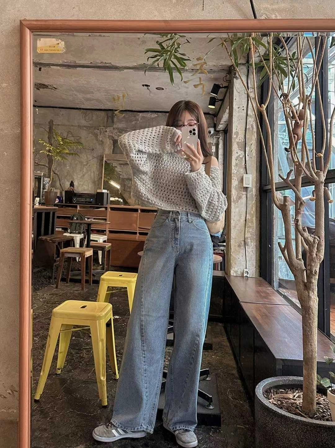 斜車線設計落地微寬牛仔褲