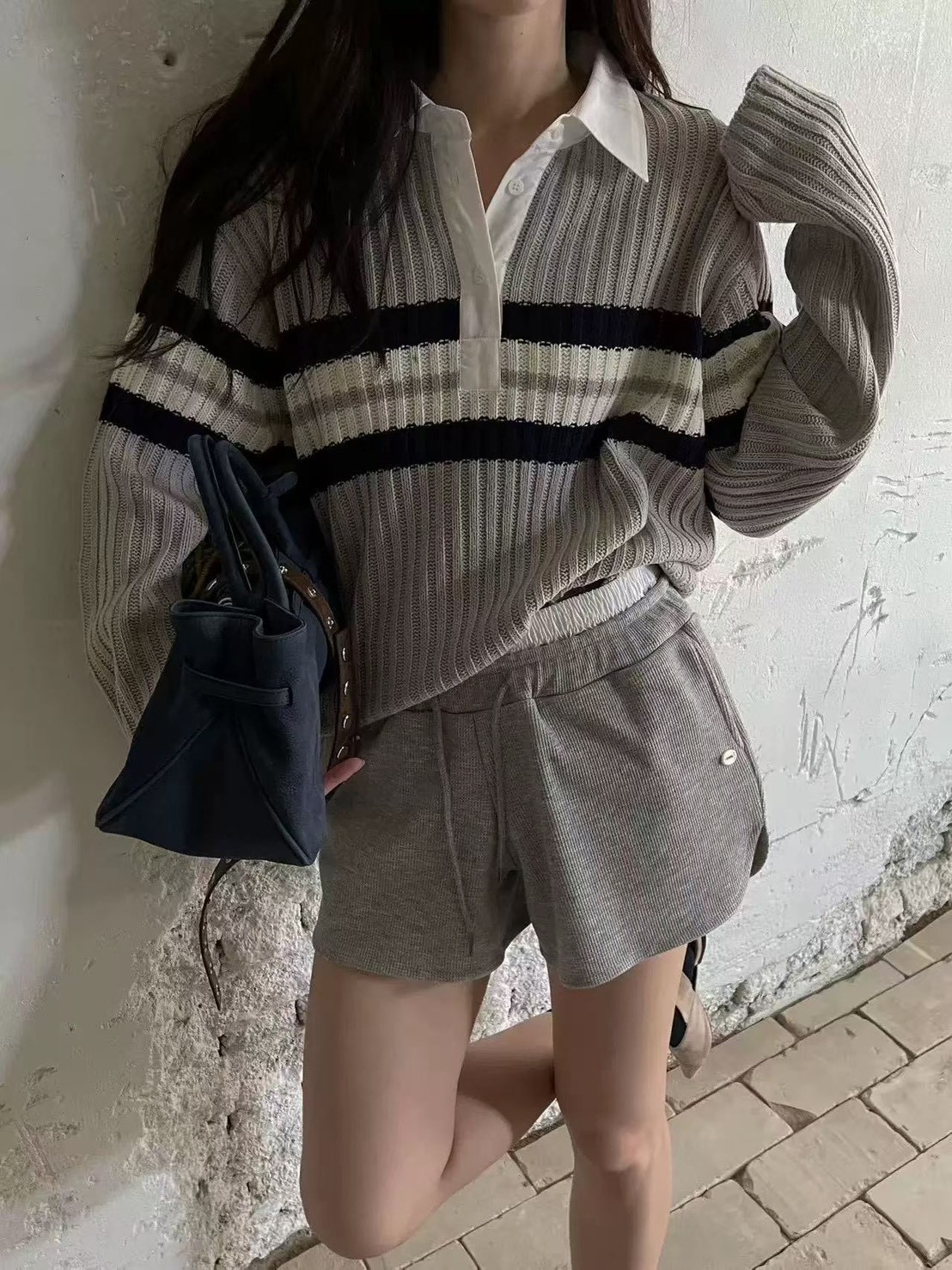 拼接襯衫領配色條紋粗勾針織衣