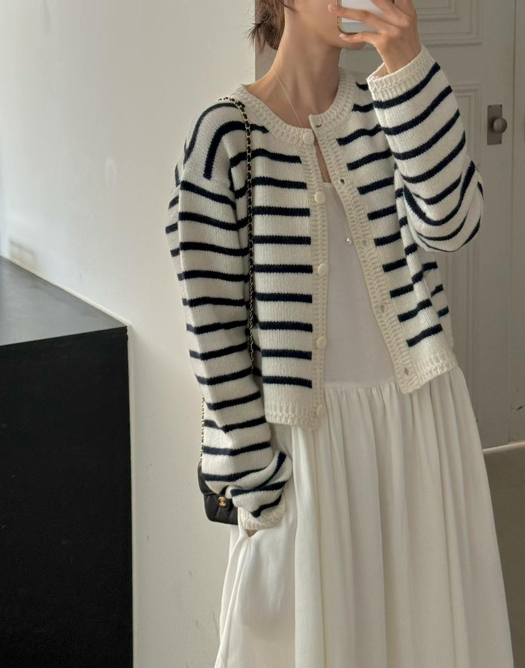 編織滾邊包釦橫條紋羊毛外套