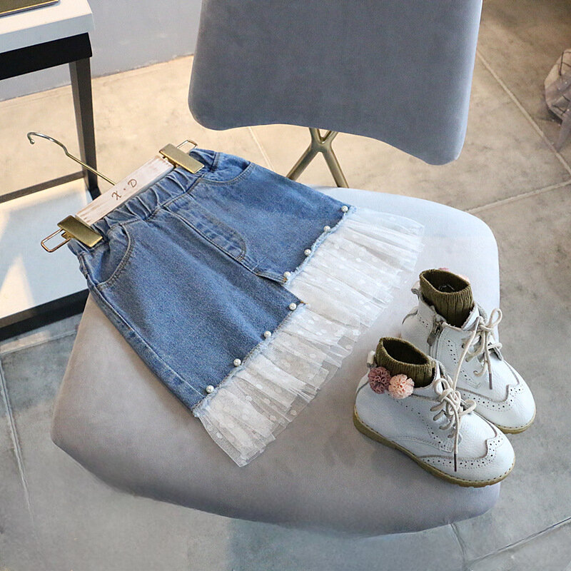 牛仔裙拼接紗裙珠珠