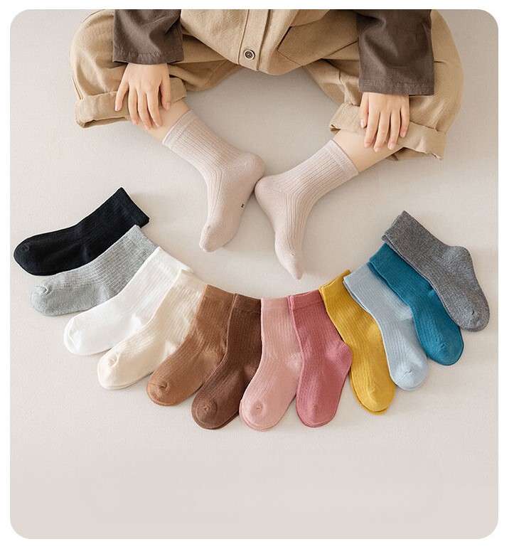 純色豎條雙針中筒兒童襪(4雙入)