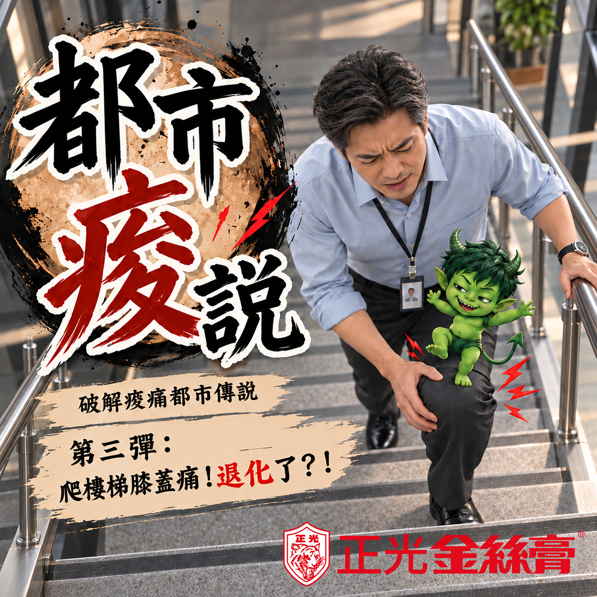 《都市痠說》第三彈主視覺:上班族爬樓梯時扶著疼痛的膝蓋,綠色小鬼站在膝蓋上跳舞,搭配「爬樓梯膝蓋痛!退化了?!」標語,帶出膝痛不一定是退化的主題。