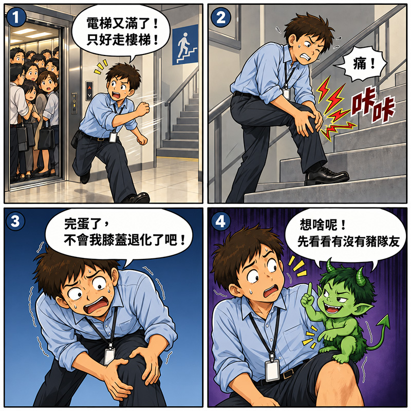都市痠說第三彈四格漫畫:上班族因電梯滿員改走樓梯,踏上階梯時膝蓋疼痛,擔心自己關節退化;綠色小鬼提醒先留意肌肉隊友,帶出膝痛不一定是退化的迷思。