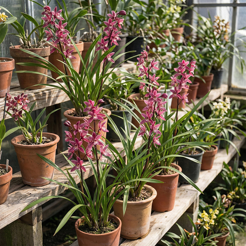 溫室中盛開的報歲蘭（墨蘭）盆栽實景。紫紅色花朵沿著修長花梗綻放，葉片翠綠挺拔，適合大寒時節居家擺放，增添年味與優雅香氣。