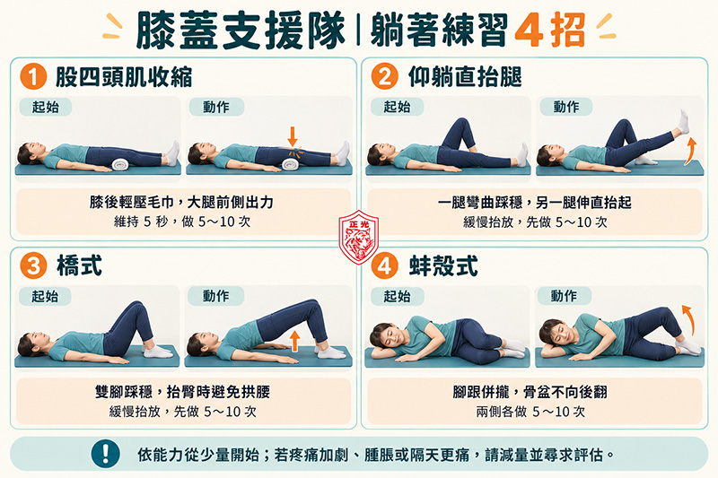 膝蓋支援隊躺姿訓練示意圖:股四頭肌收縮、仰躺直抬腿、橋式與蚌殼式四個動作,展示起始姿勢、動作方向及練習次數,提醒循序練習,疼痛加劇時應減量並尋求評估。