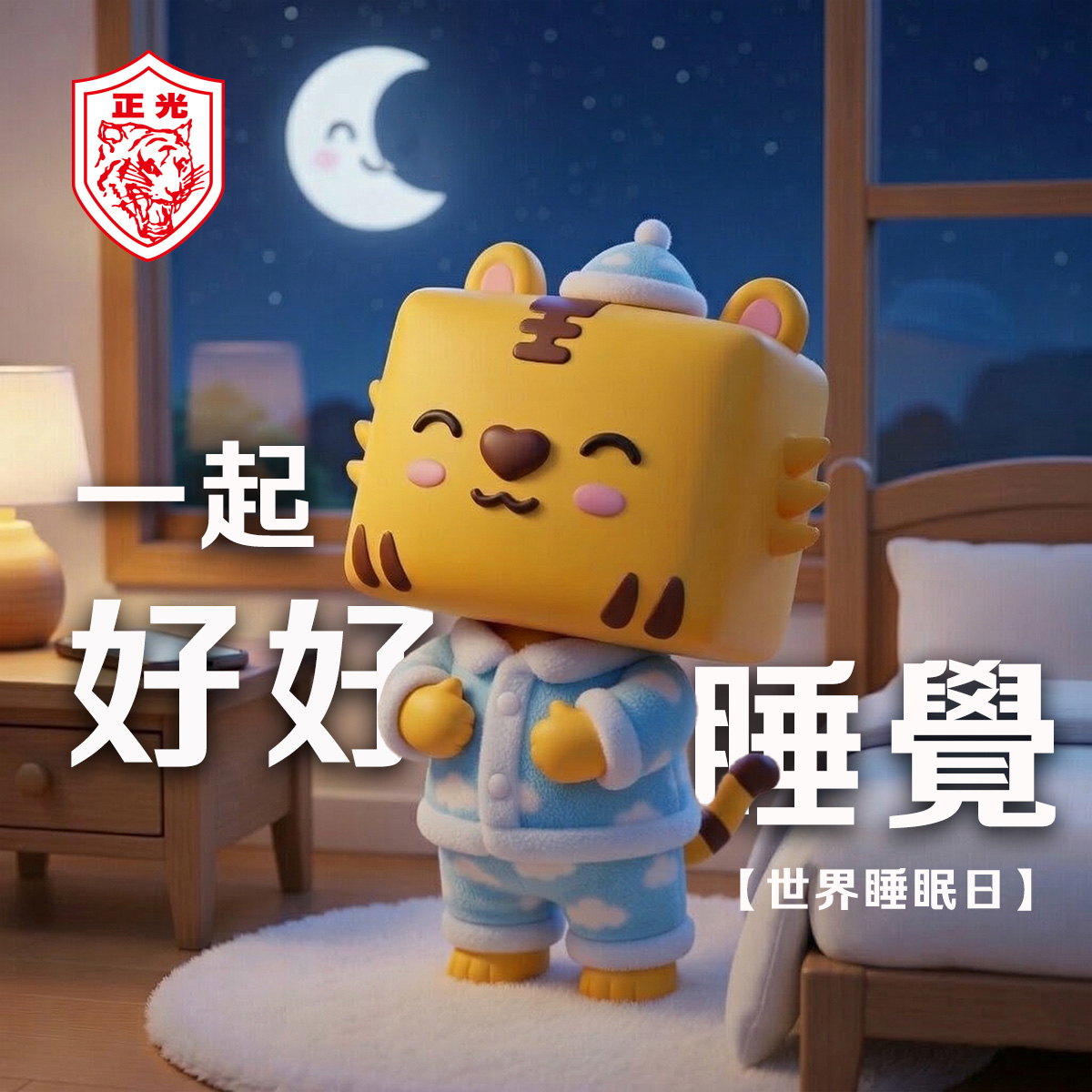 正光製藥金絲虎吉祥物以 Q 版造型呈現，穿著舒適的淺藍色睡衣與睡帽，在充滿暖色燈光的臥室裡準備就寢。窗外有微笑的月亮與星空，畫面中央寫著大大的「一起好好睡覺」，傳遞世界睡眠日的放鬆氛圍。