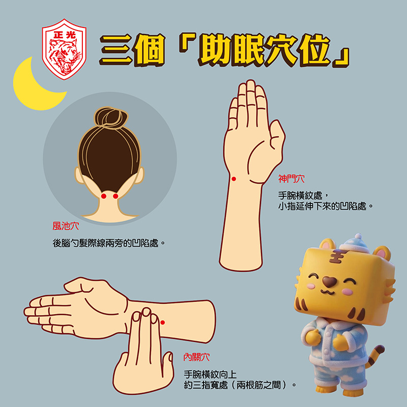 正光製藥助眠穴位示意圖：圖中標示三個重要穴位位置與說明。右上為神門穴，位於手腕橫紋小指側凹陷處；左下為內關穴，位於手腕橫紋上三指寬兩筋之間；左上為風池穴，位於後腦勺髮際線兩旁。右下角有穿著雲朵睡衣的 Q 版金絲虎吉祥物。