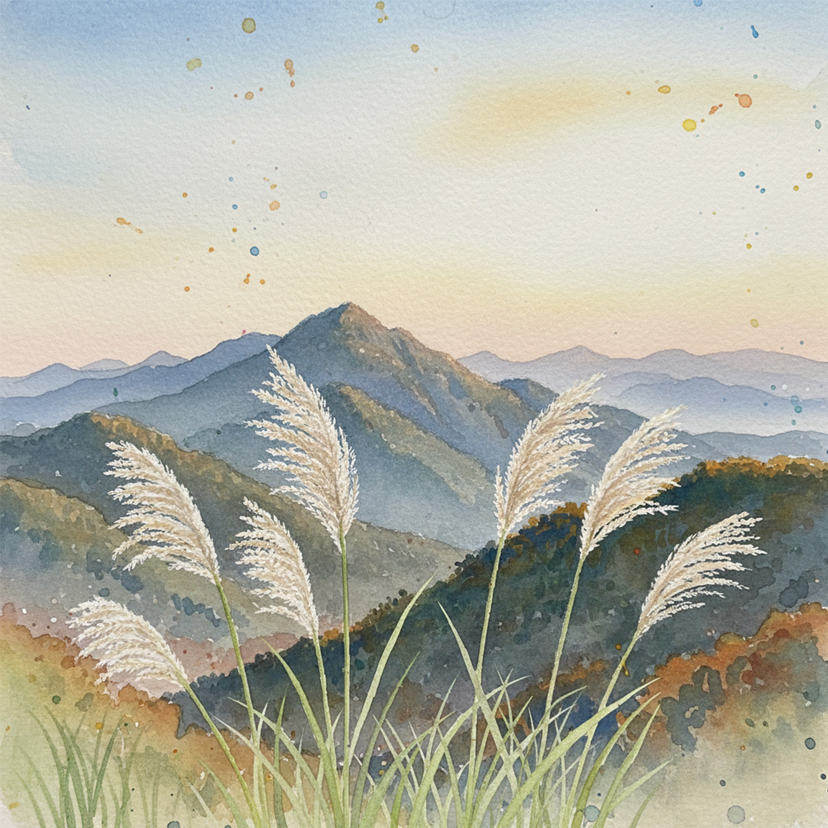 山巒層疊的水彩畫中,數株白色芒草在前景中迎風搖曳,背景是晨曦或黃昏時分的山嶺與天空,色調溫柔,充滿秋意。
