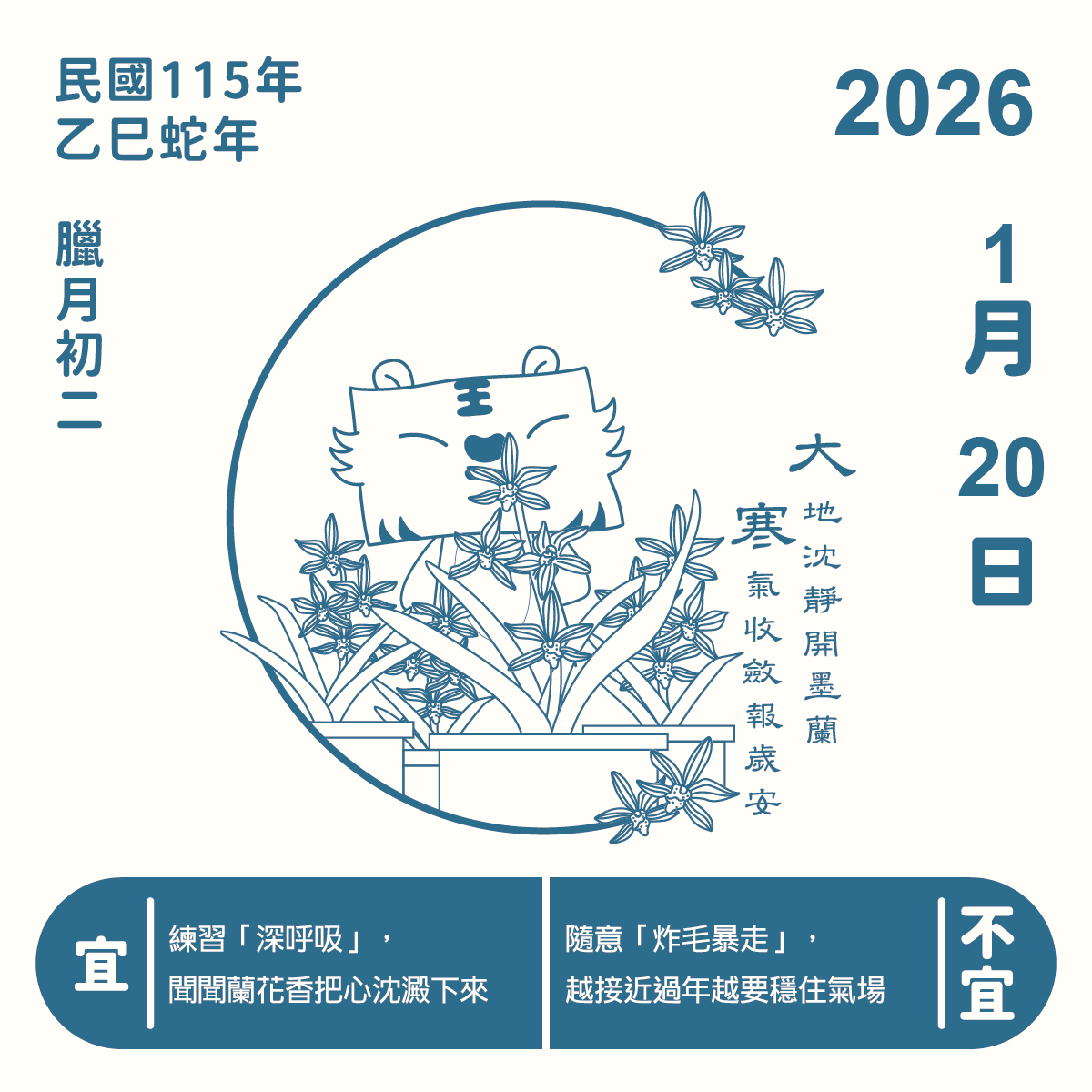 正光製藥2026大寒節氣插畫。金絲虎閉眼聞著報歲蘭（墨蘭）的幽香，神情陶醉，象徵大寒宜靜。圖片右側寫著對聯：「大地沈靜開墨蘭，寒氣收斂報歲安」。下方養生建議：宜練習「深呼吸」，聞聞蘭花香把心沈澱下來；不宜隨意「炸毛暴走」，越接近過年越要穩住氣場。