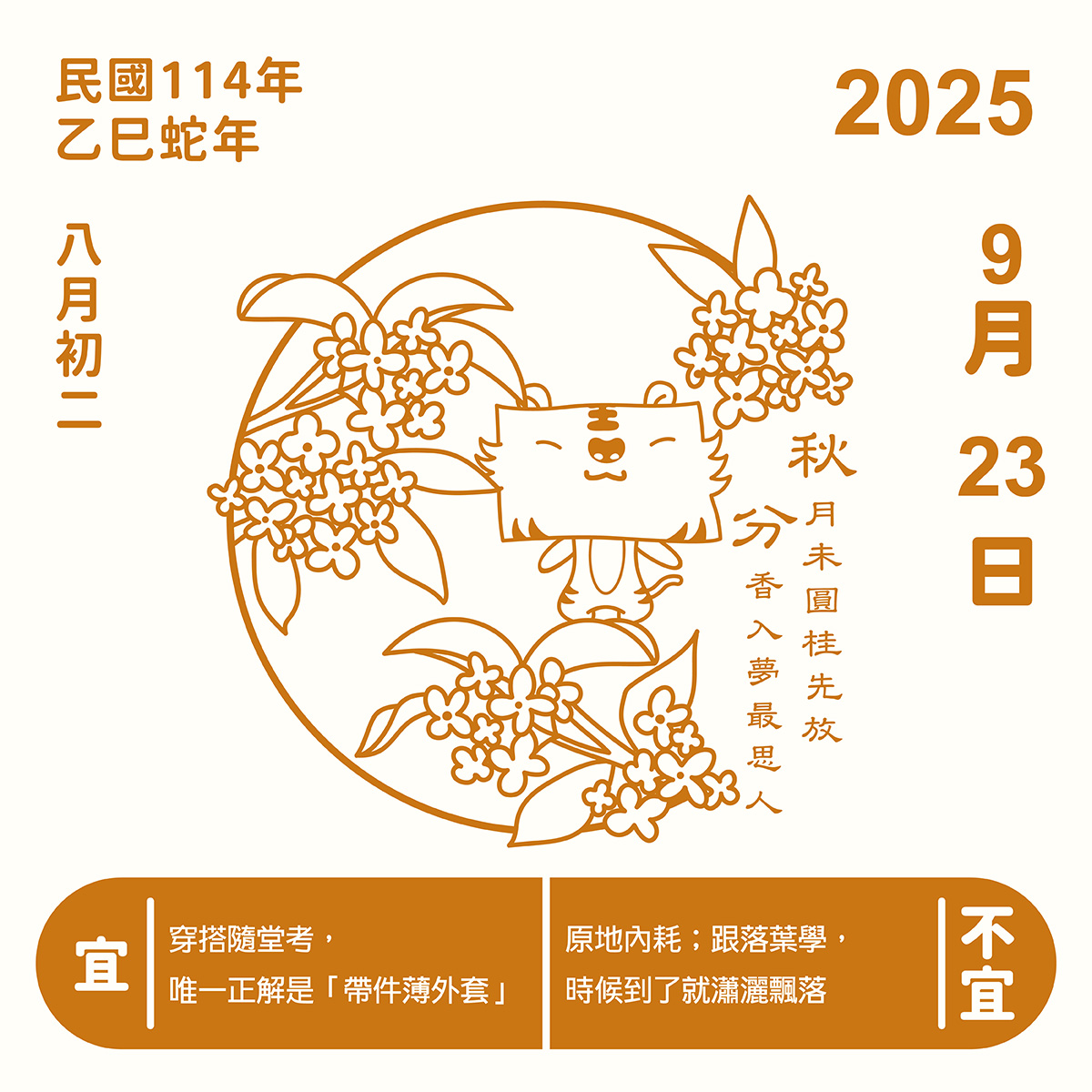 2025年秋分節氣插畫，金絲虎站在盛開的桂花叢中微笑，搭配節氣詩句「秋分月未圓，桂先放。香入夢，最思人」。右側標示陽曆9月23日、農曆八月初二，民國114年乙巳蛇年。圖下方提示秋分宜「帶件薄外套」，不宜「內耗情緒」，強調隨堂考穿搭與順時而安的生活態度。