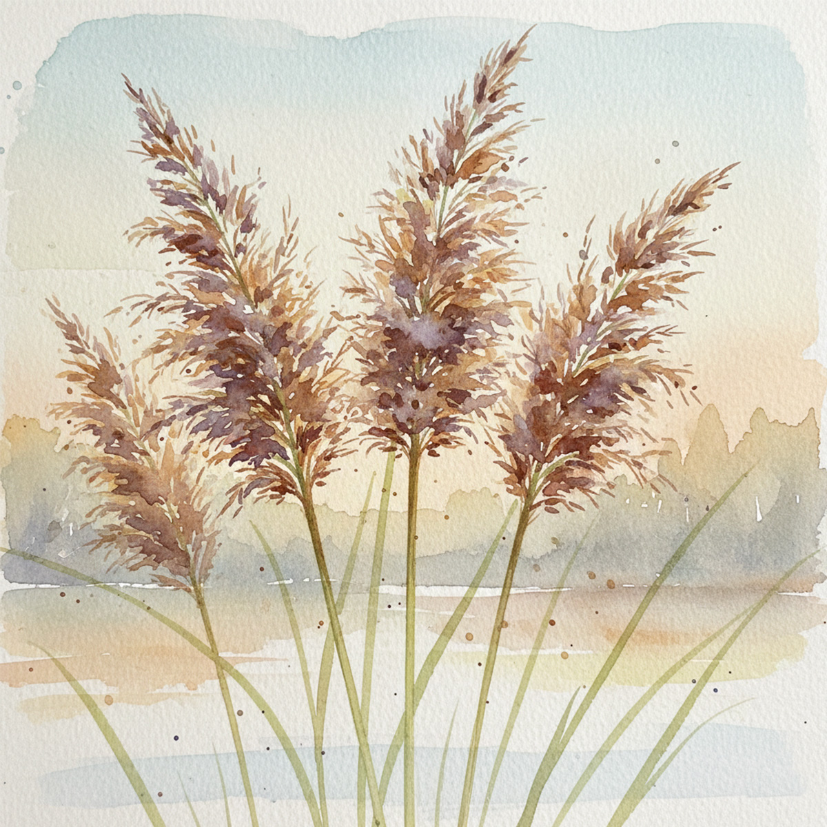 一叢叢紫褐色蘆葦在風中搖曳,細長的綠色莖葉挺立於湖畔濕地前方,背景是柔和暈染的天空與遠山,整體呈現靜謐秋意的水彩畫風。