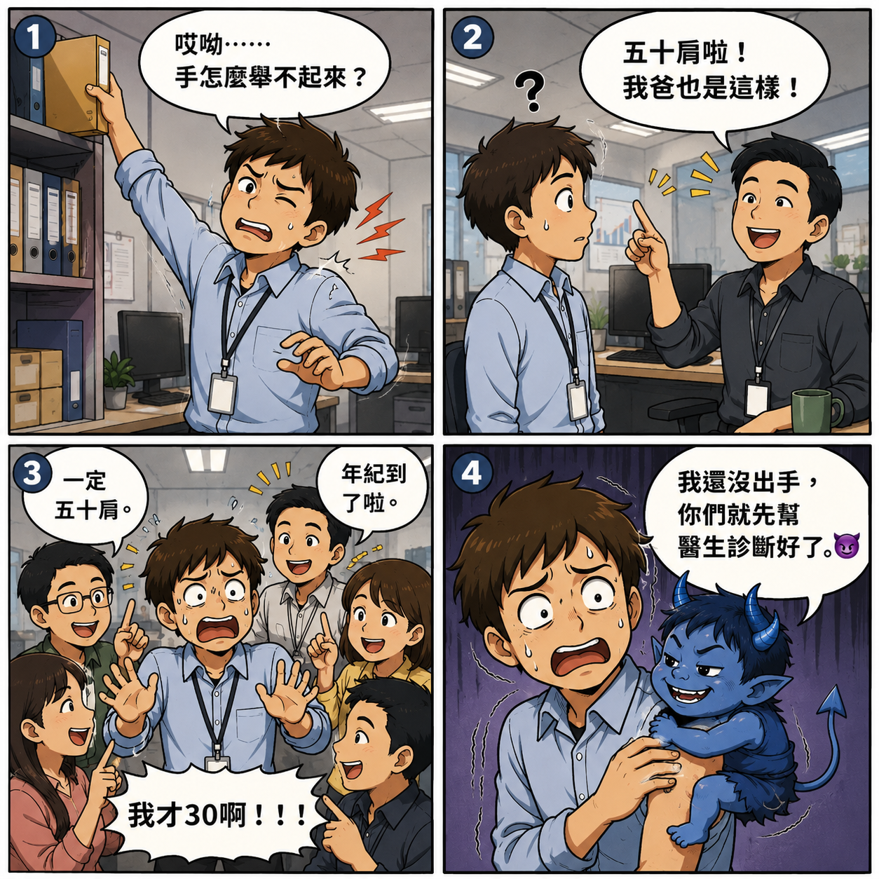 《都市痠說》第二彈四格漫畫,一名年輕上班族伸手拿高處資料時突然肩膀痛、手舉不起來,同事紛紛認定是五十肩,最後藍色小鬼現身吐槽:「我還沒出手,你們就先幫醫生診斷好了。」帶出破解五十肩、肩夾擠與肩膀痛迷思的主題。