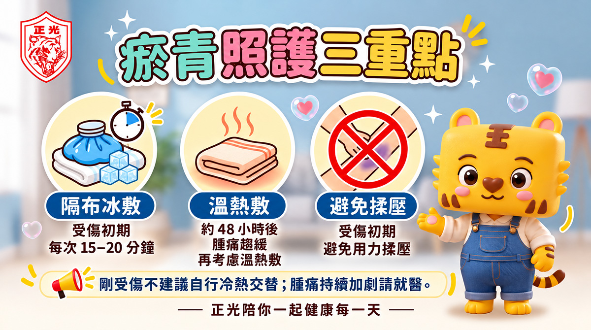 瘀青照護三重點.jpg 黑青怎麼辦? 瘀青照護三重點:受傷初期隔布冰敷,每次15至20分鐘;約48小時後,腫痛趨緩再考慮溫熱敷;受傷初期避免用力揉壓。剛受傷不建議自行冷熱交替,腫痛持續加劇請就醫。