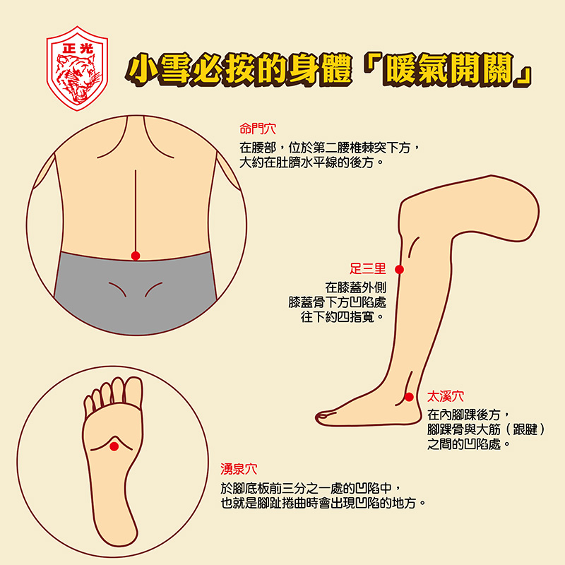 小雪節氣穴位示意圖，標題為『小雪必按的身體暖氣開關』。畫面以簡化插畫呈現四個主要暖身穴位： 	1.	命門穴：位於腰部第二腰椎棘突下方，肚臍水平線的後側；配有後腰插圖標出位置。 	2.	足三里：位於膝蓋外側，膝蓋骨下方凹陷處往下約四指寬；以彎曲的小腿插圖標示。 	3.	太溪穴：位於內側腳踝後方，腳踝骨與跟腱之間的凹陷處；附有小腿內側插圖。 	4.	湧泉穴：位於腳底前三分之一處的凹陷中，腳趾彎曲時會出現的位置；以腳掌插圖標明。 整體風格簡潔明確，用於示範小雪時節的保暖穴位。