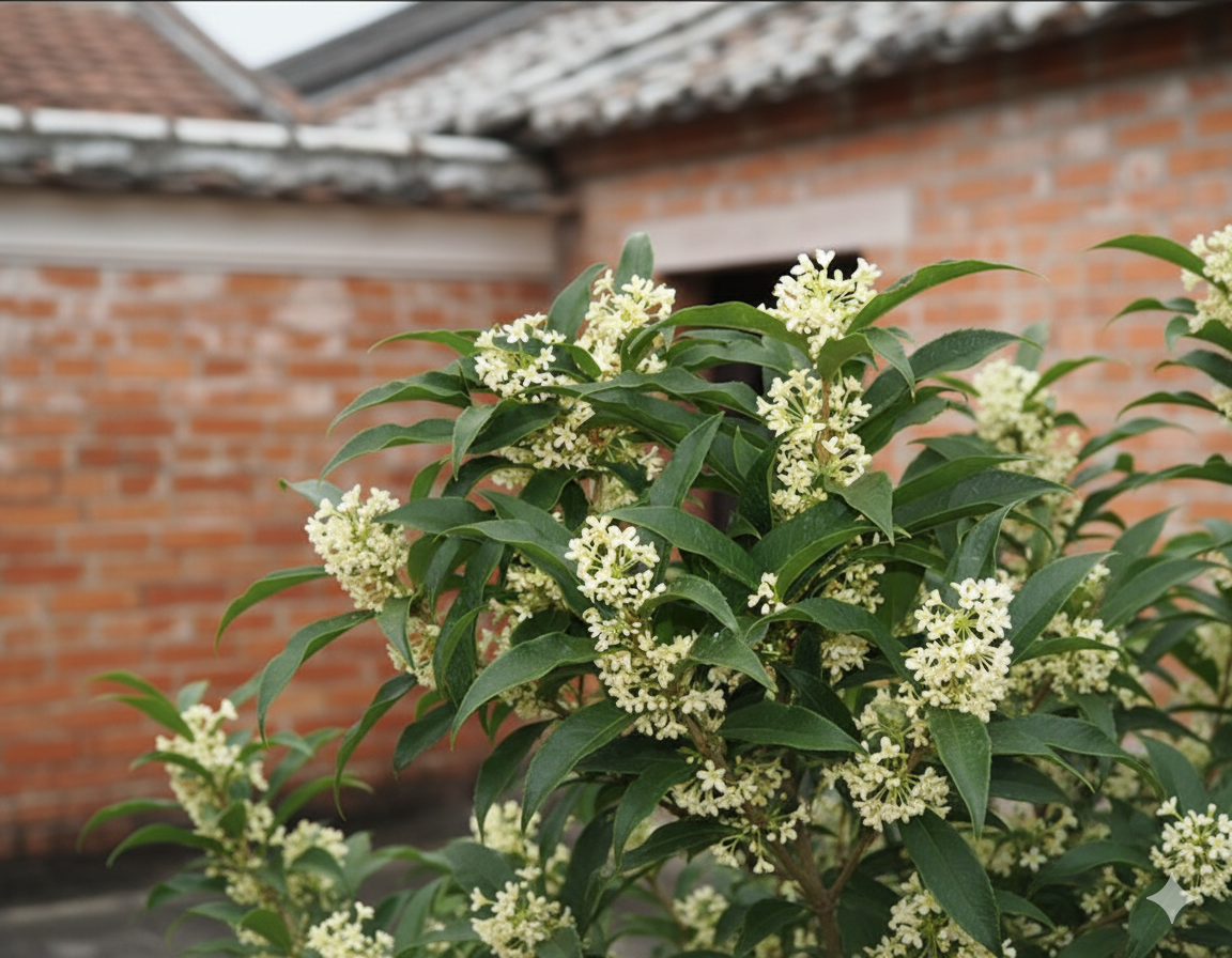 模擬金絲虎家中的庭院桂花樹，在大雨前綻放盛開，如詩如畫